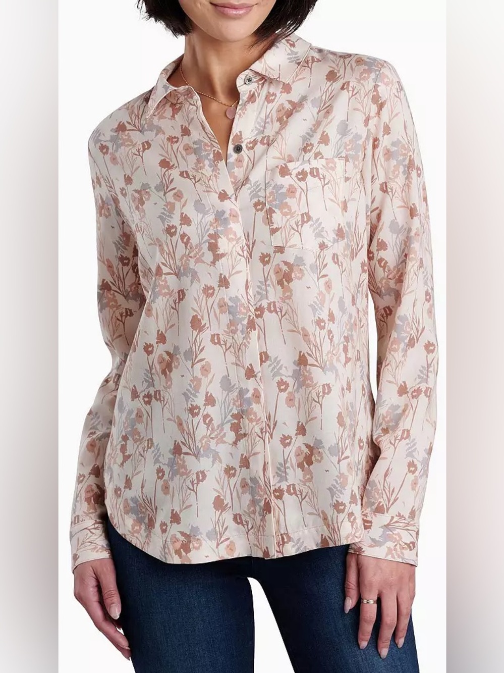 Kuhl - Hadley Button Up Blouse Long Sleeve Cream Brown Floral Size Small